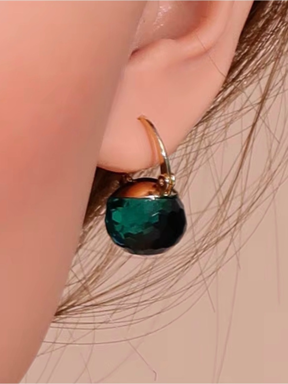 Anthropologie Gold Hoop Earrings with Emerald Green Faceted Drop NWOT
